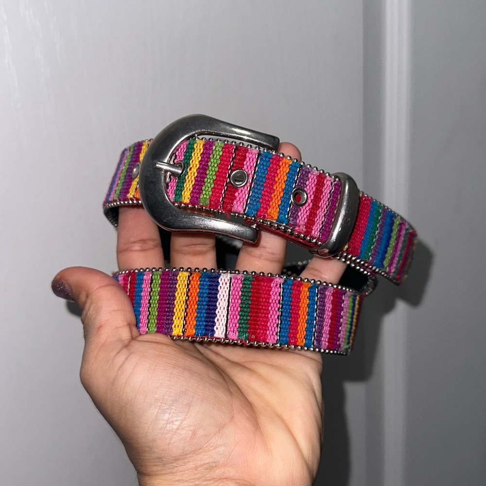 Colorful Striped Belt with Silver Buckle